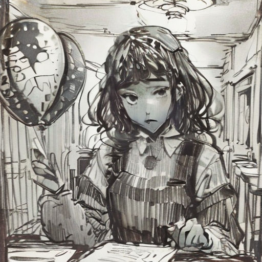 a drawing of a girl sitting at a desk with a pen and paper in her hand and balloons in the background