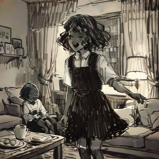 a drawing of a girl in a living room with a little girl sitting on a couch and a coffee table
