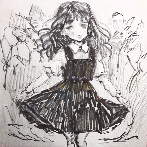 a drawing of a girl in a dress with people behind her and a man behind her with a cane