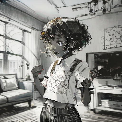 a woman in a room with a clock and a table with a vase on it and a clock on the wall
