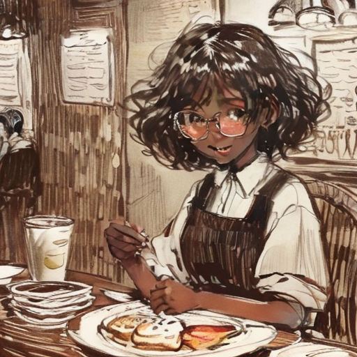 a painting of a woman eating at a table with a plate of food and a drink in front of her