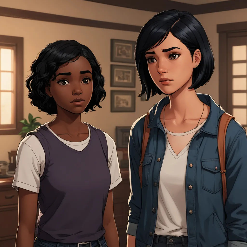 two women standing next to each other in a room with a window and a table with a plant on it, sots art, a character portrait, Ada Gladys Killins, official art