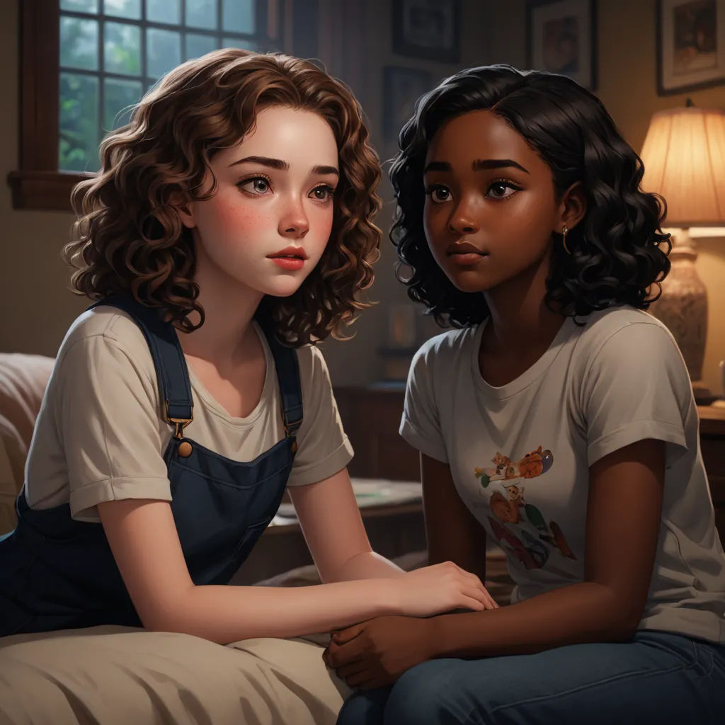 two girls sitting on a bed in a room with a lamp on the side of the bed and a window, american scene painting, a painting, Constance Gordon-Cumming, official art