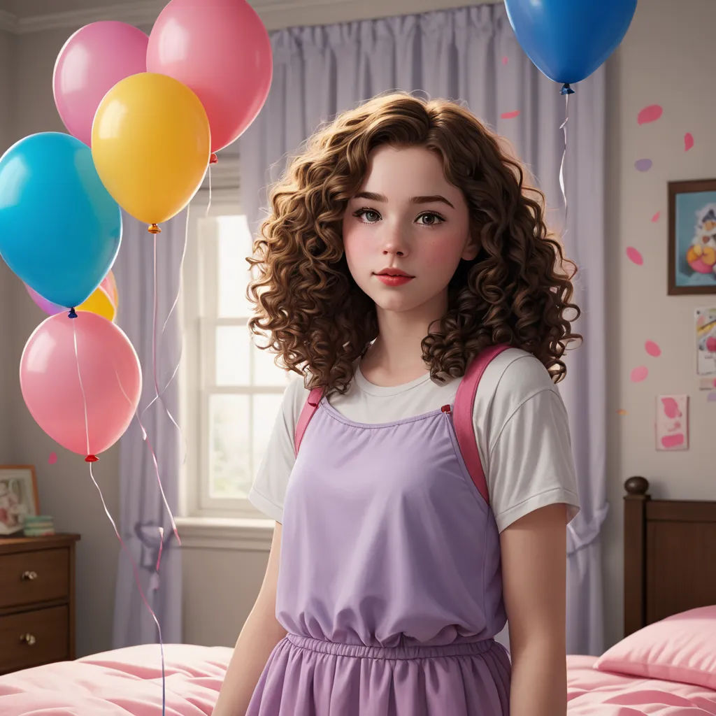 a girl with curly hair wearing a purple dress and holding balloons in her hand in a bedroom with a pink bed, photorealism, a character portrait, disney, promotional image