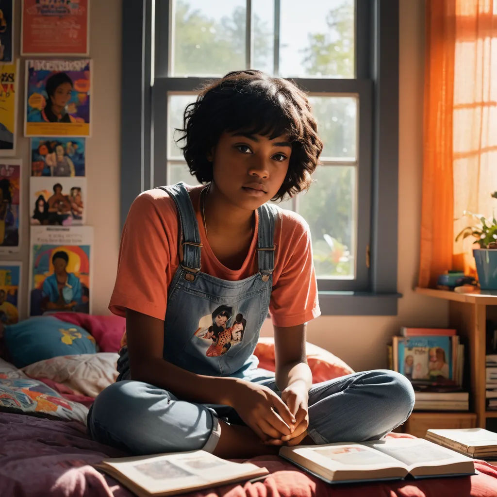 a young girl sitting on a bed with books on the floor and a window in the background with orange curtains, harlem renaissance, a character portrait, Felix-Kelly, movie still
