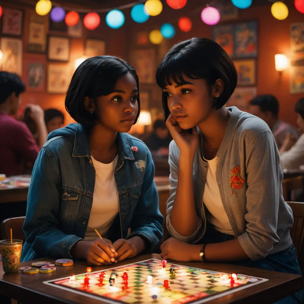 two girls sitting at a table with a board game on it and a lit up light in the background, aestheticism, a renaissance painting, Ada Gladys Killins, promotional image