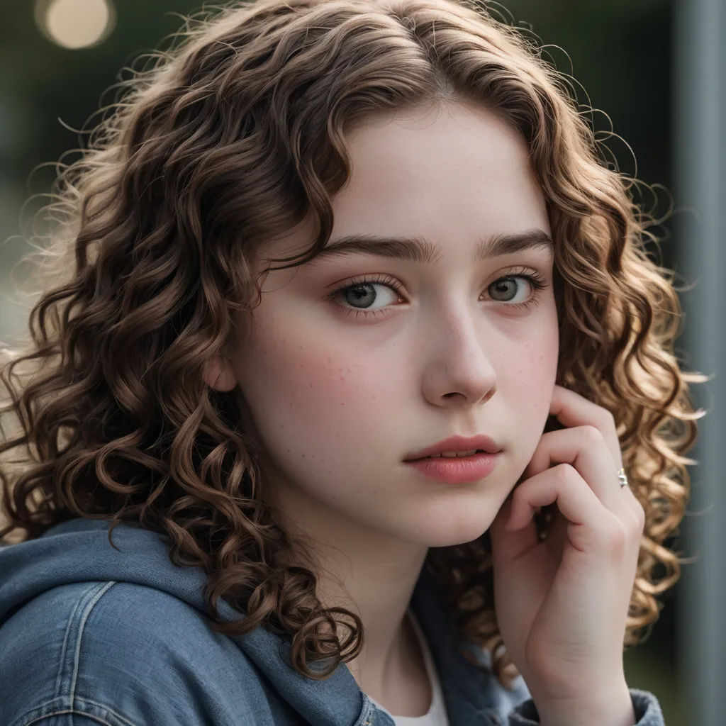 a close up of a person with curly hair and a blue jacket on and a light background with lights, renaissance, a character portrait, Constance Gordon-Cumming, kai carpenter