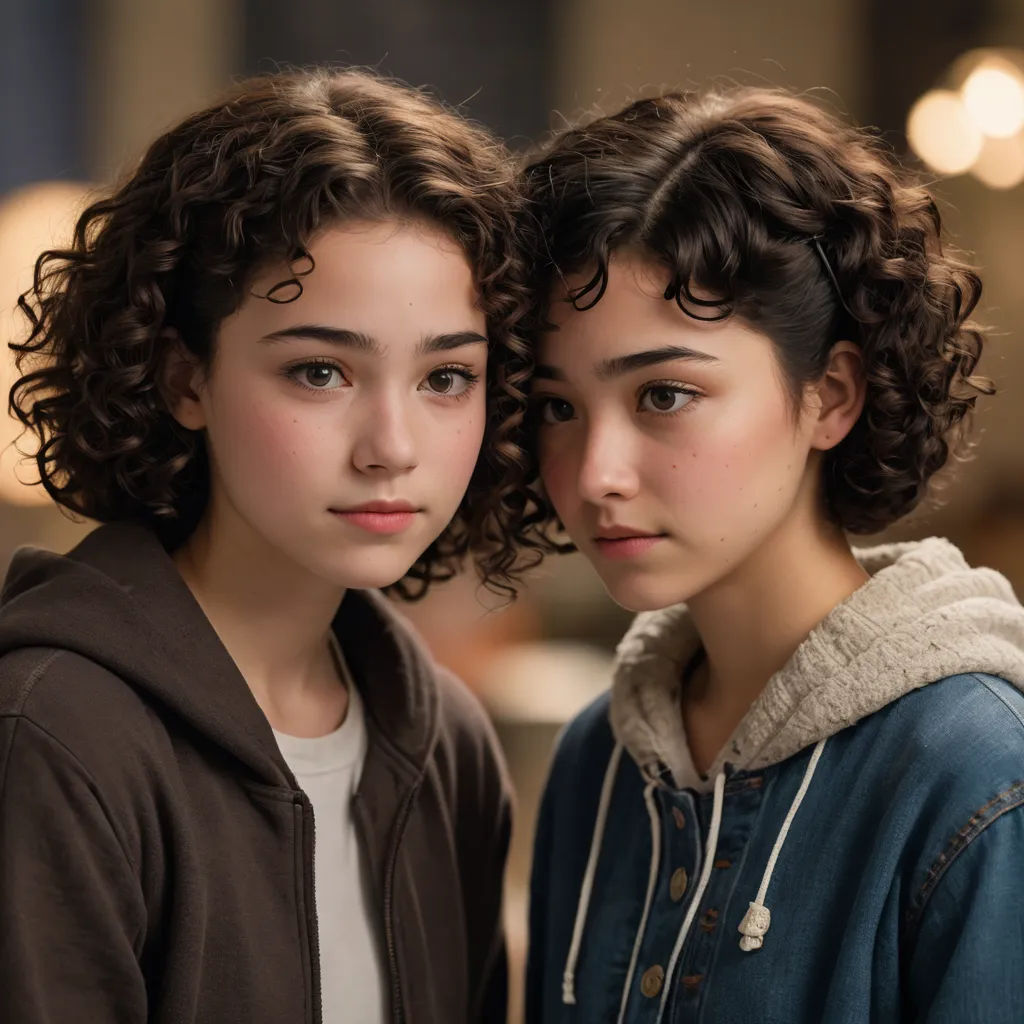 two young women standing next to each other in a room with lights on the ceiling and one of them has curly hair, rayonism, a photocopy, Ayami Kojima, promotional image