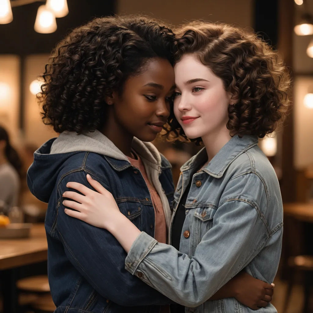 two women hugging each other in a restaurant setting with lights on the walls and tables in the background,, harlem renaissance, a renaissance painting, Ada Gladys Killins, promotional image