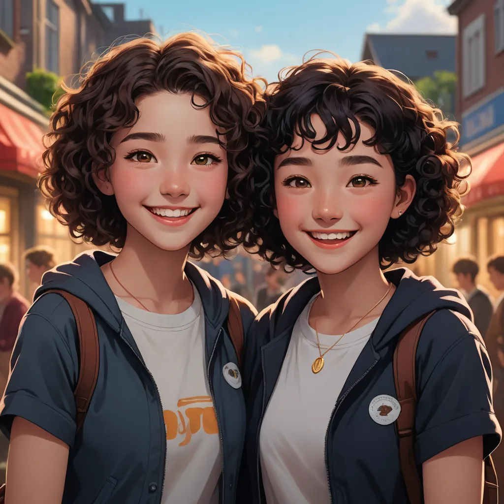 two young women standing next to each other in front of a crowd of people on a street with a sky background, serial art, a photorealistic painting, Artgerm, rossdraws global illumination