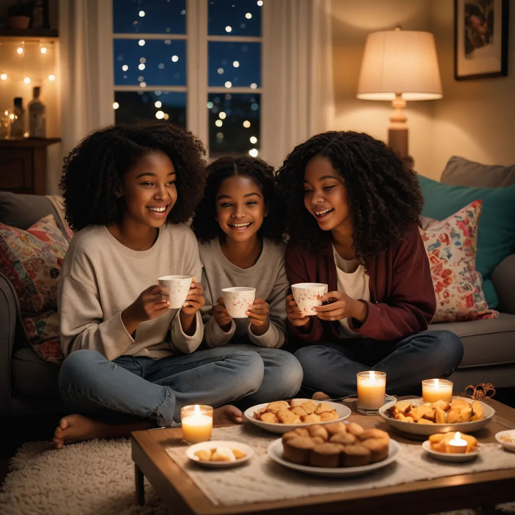 three women sitting on a couch holding cups of coffee and smiling at the camera with candles in front of them, dau-al-set, a stock photo, Elinor Proby Adams, warm lighting