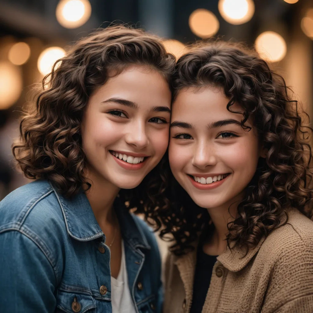 two young women are smiling and posing for a picture together in a restaurant with lights in the background and a blue denim jacket on, rayonism, a photocopy, Fan Qi, symmetrical facial features