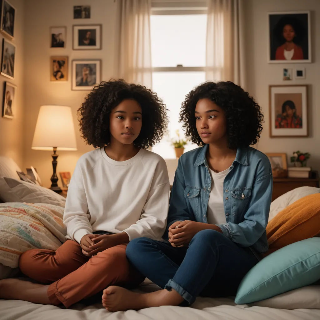 two women sitting on a bed with pillows and pillows on the bed and a lamp on the side of the bed, serial art, a photocopy, Darrell Riche, promotional image