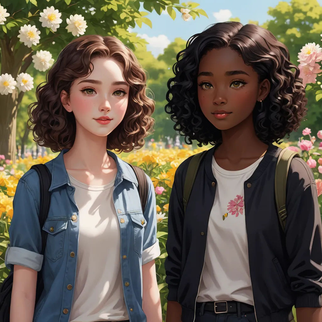 two young women standing next to each other in a field of flowers and trees with flowers in the background, serial art, a detailed painting, Constance Gordon-Cumming, anime art style
