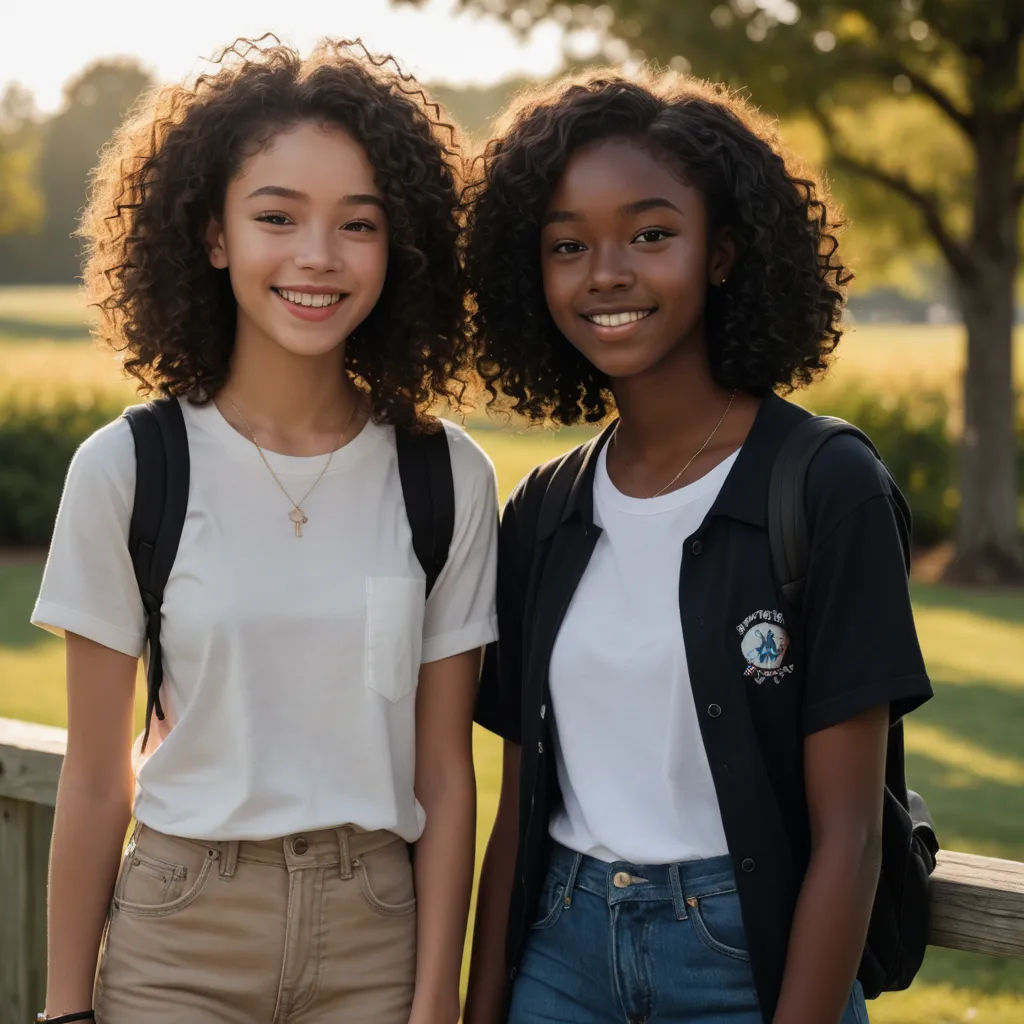 two young girls standing next to each other in a park with trees in the background and grass in the foreground, heidelberg school, a stock photo, Andries Both, symmetrical facial features