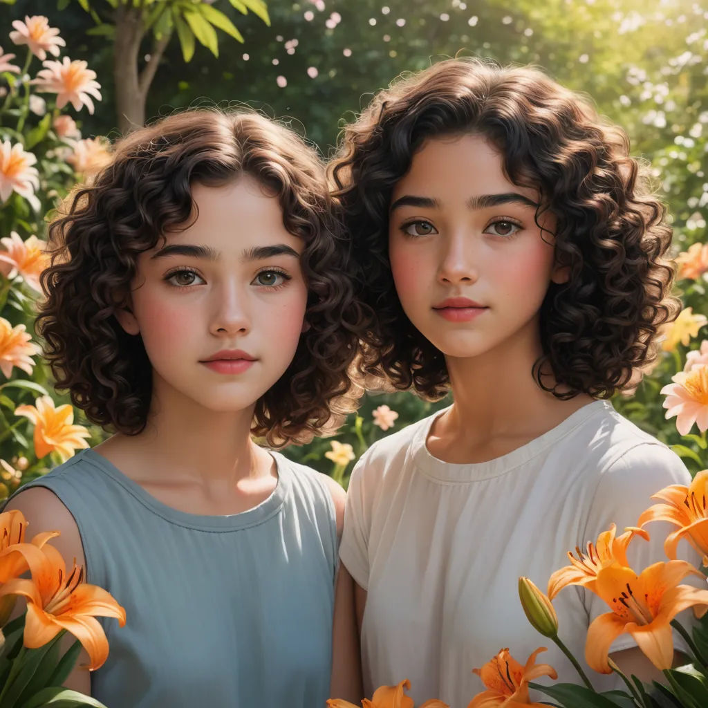 two young girls standing in a field of flowers with their faces close together, with one of them looking at the camera, aestheticism, a photorealistic painting, Dai Xi, portrait photography