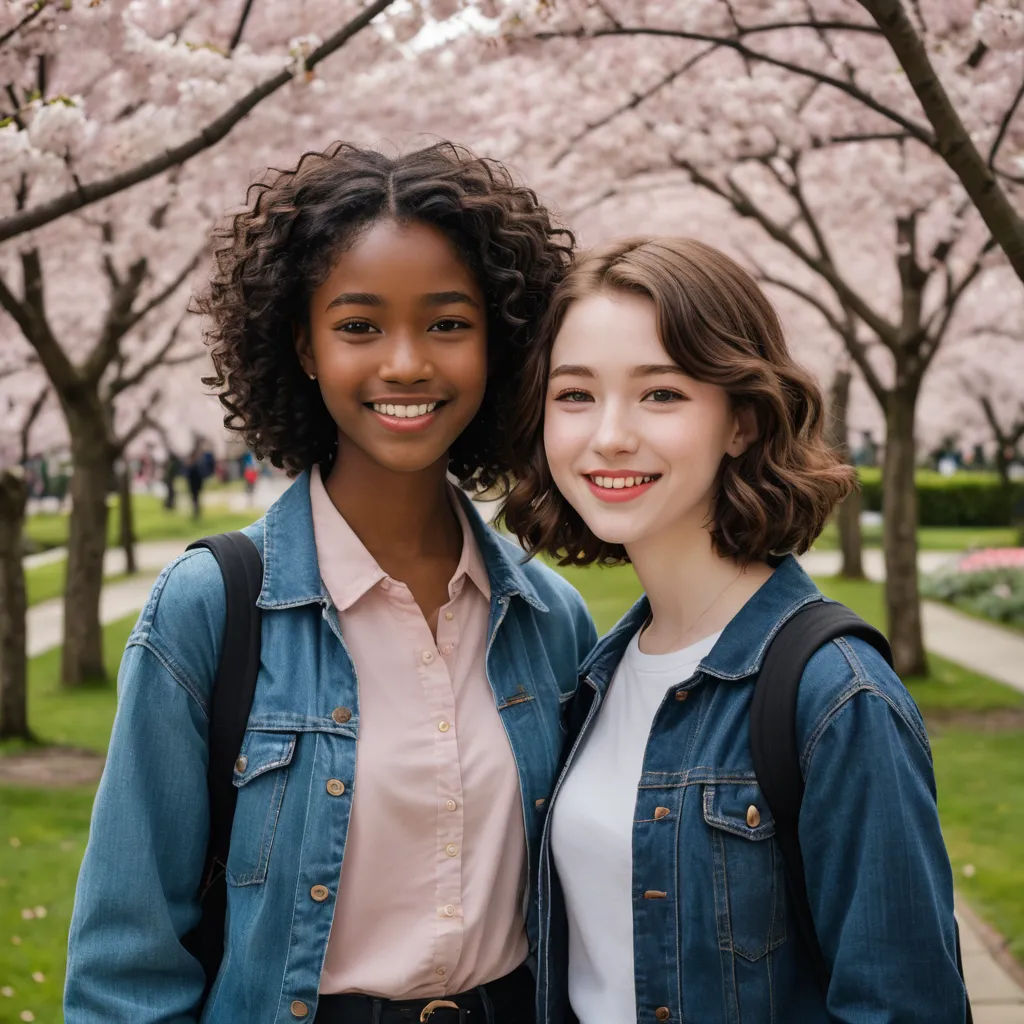 two young women standing next to each other in front of a tree filled with pink flowers and green grass, american barbizon school, a stock photo, Elinor Proby Adams, portrait photography