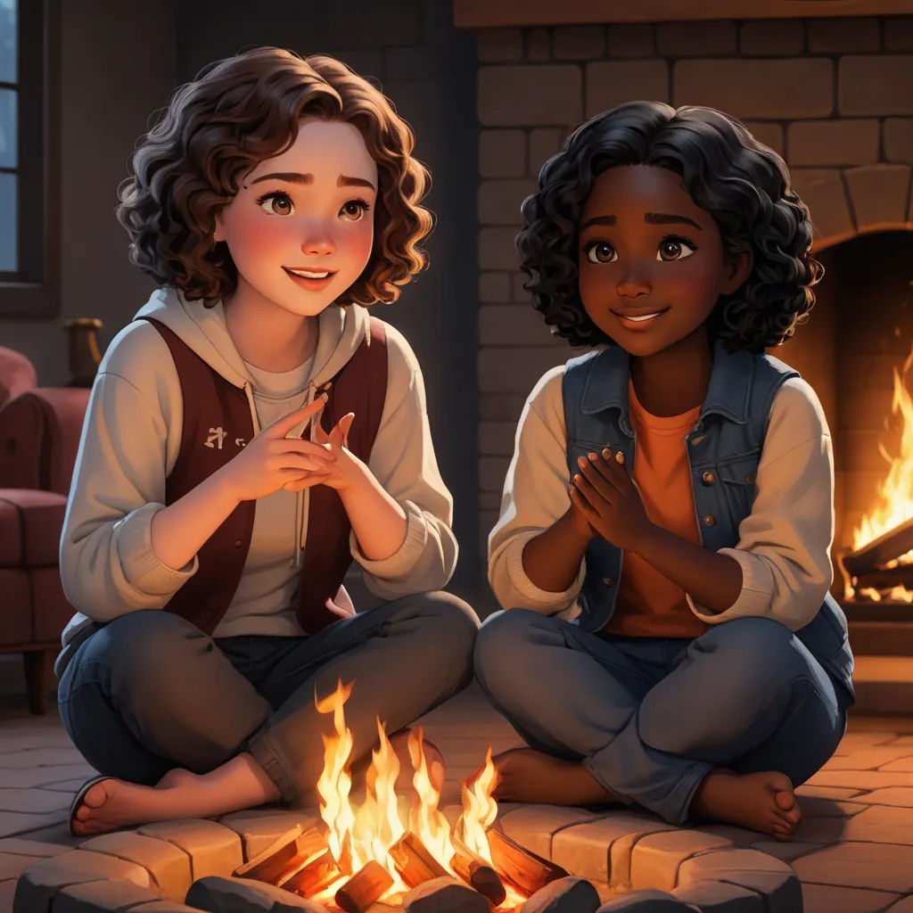 two children sitting in front of a fire pit with their hands together and smiling at the camera, with a fireplace in the background, sots art, concept art, Ada Gladys Killins, official art