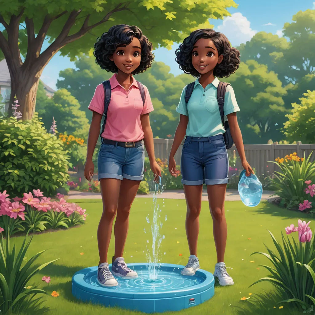 two girls standing in front of a water fountain in a garden with flowers and trees in the background, one of which is holding a water jug, american scene painting, concept art, Chris LaBrooy, promotional image