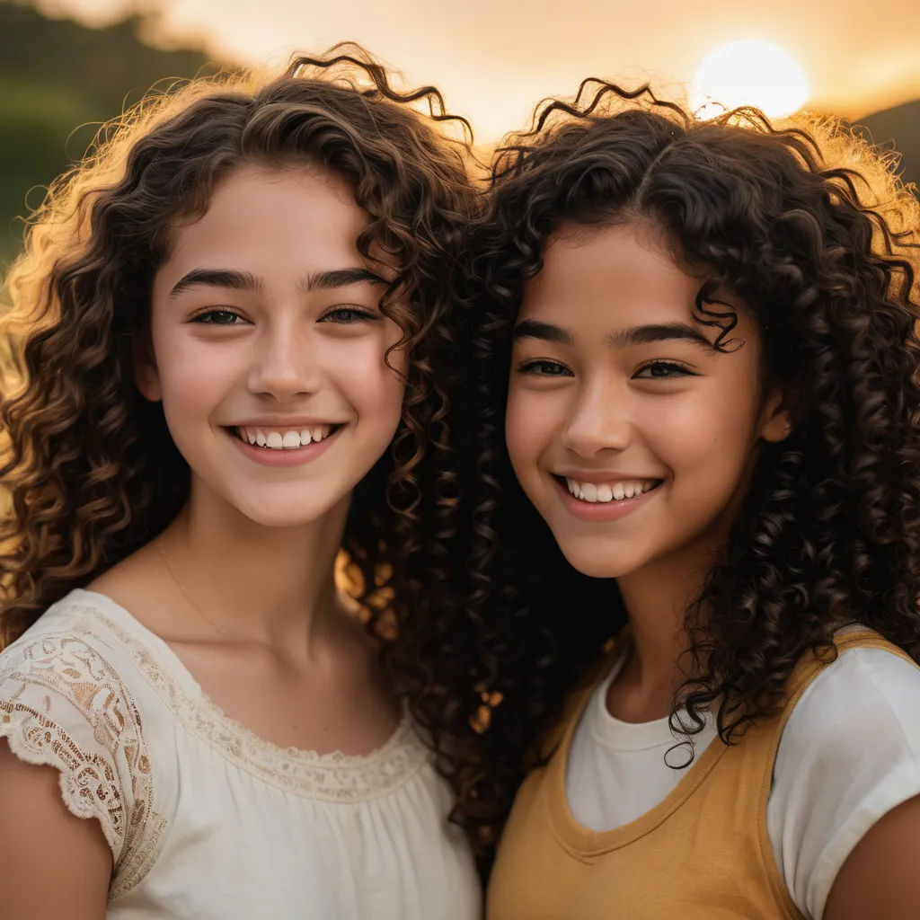 two young girls are smiling for the camera with their hair in curls and a smile on their face,, dau-al-set, a stock photo, Caroline Lucy Scott, portrait photography