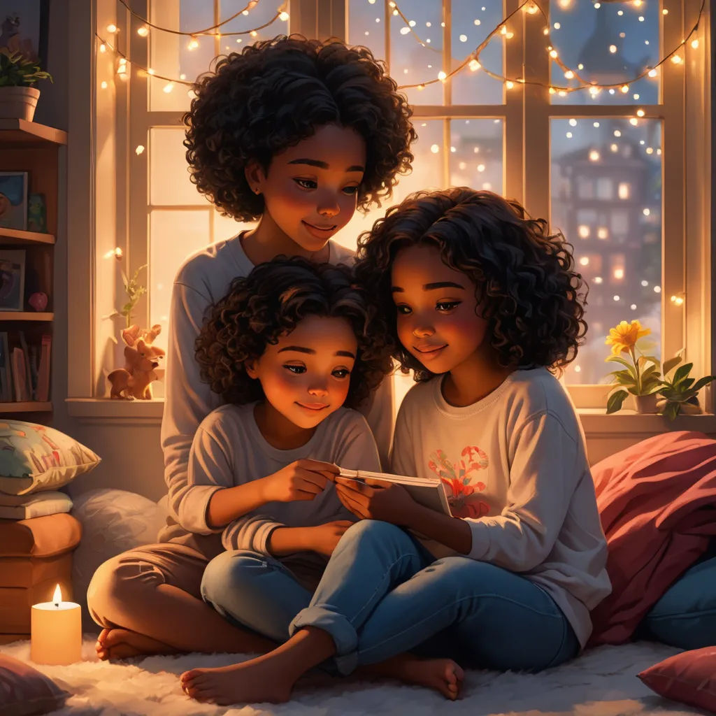 three girls sitting on a bed in front of a window with a lit candle in the corner and a window behind them, photorealism, a storybook illustration, Chris LaBrooy, soft lights