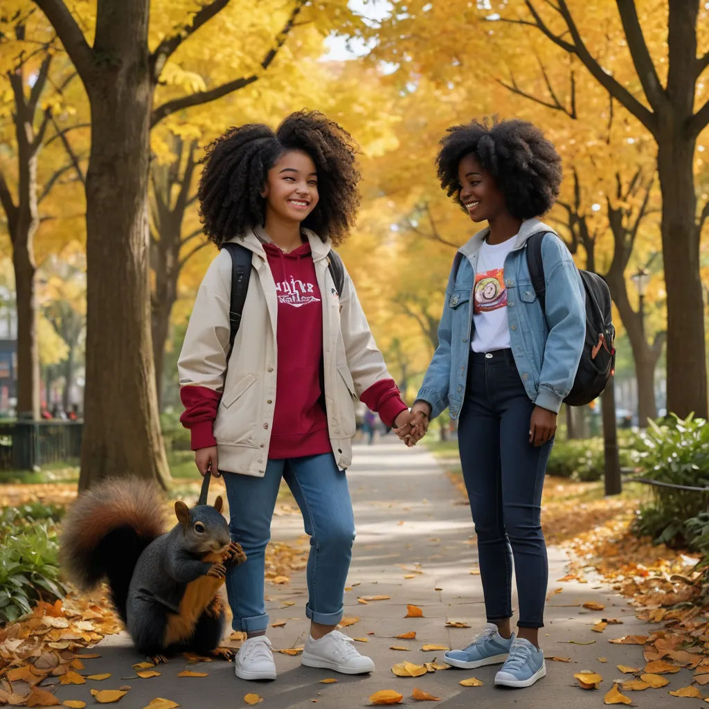 two girls walking a squirrel in a park in autumn with leaves on the ground and trees in the background, barbizon school, a stock photo, Chris LaBrooy, autumn