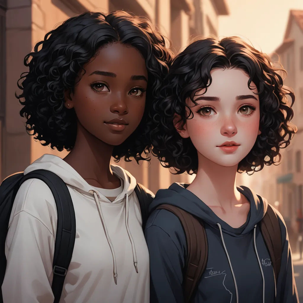 two young women standing next to each other on a street corner in front of a building with a clock, serial art, a painting, Artgerm, cushart krenz