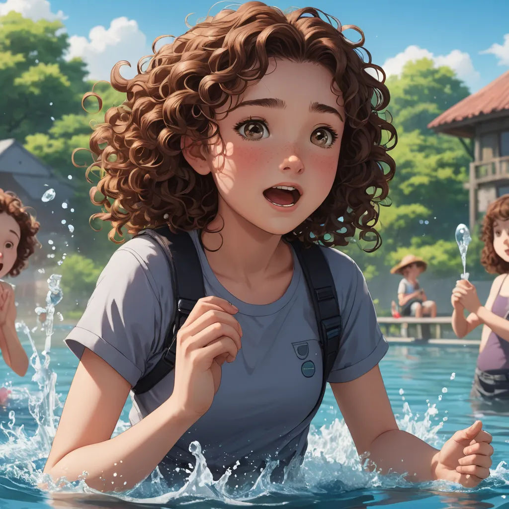 a girl in a pool with other children in the background and a building in the background with trees and bushes, serial art, a storybook illustration, Cyril Rolando, trending on art station