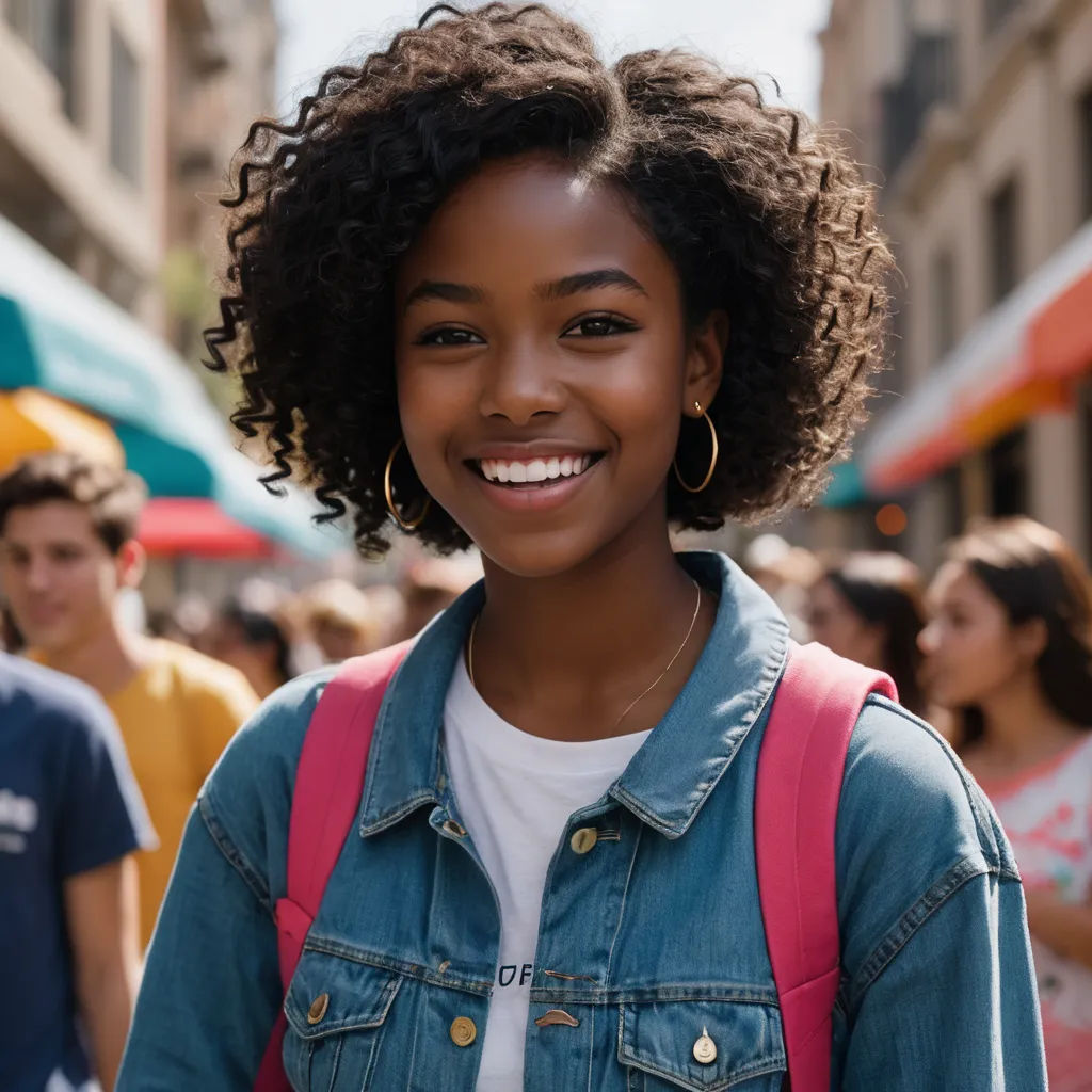 a woman with a backpack smiles at the camera while standing in a crowded street with people in the background, harlem renaissance, a stock photo, Chinwe Chukwuogo-Roy, girl