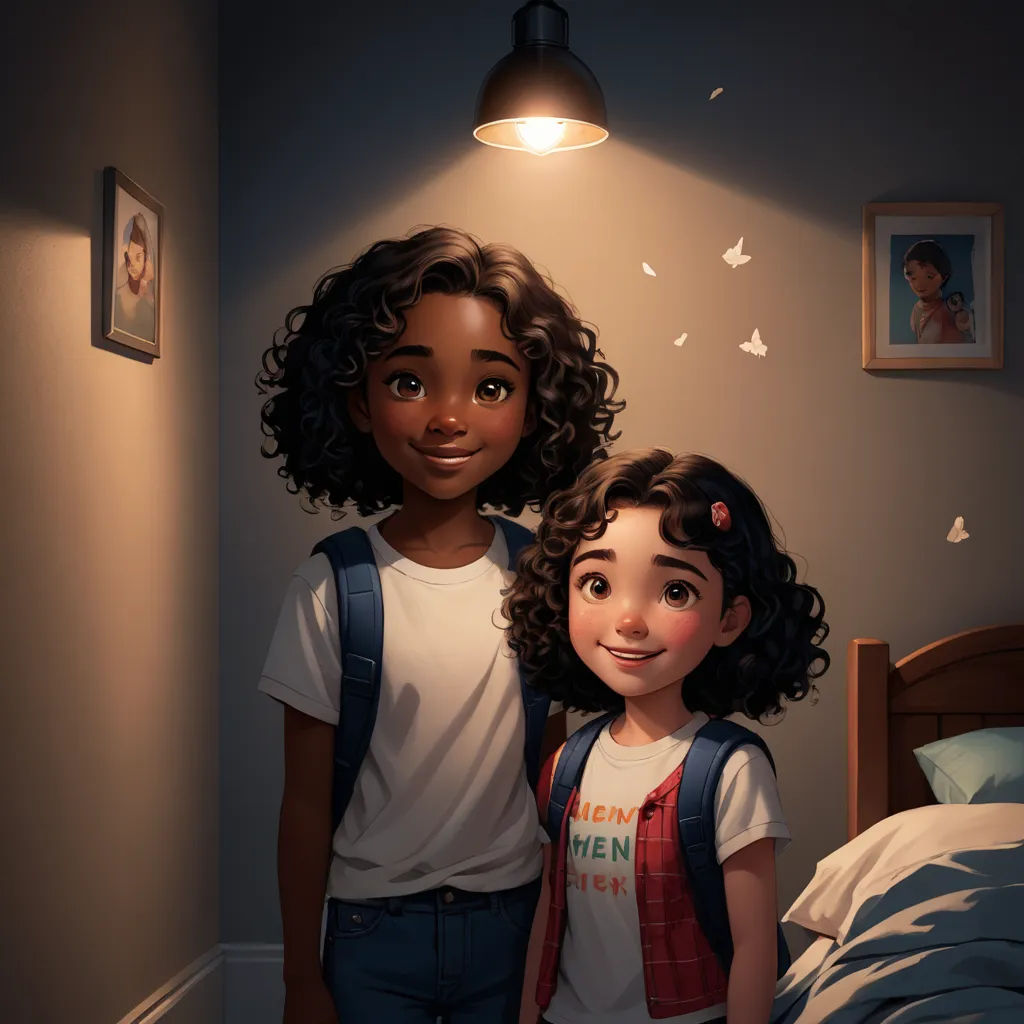 a couple of kids standing next to each other in a bedroom with a light on above them and a picture of a boy and girl on the wall, photorealism, poster art, Artgerm, trending on art station