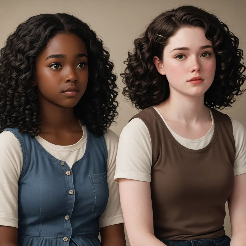 two women with curly hair are sitting down and one is looking at the camera and the other is looking at the camera, american scene painting, a hyperrealistic painting, Brad Kunkle, extremely detailed oil painting