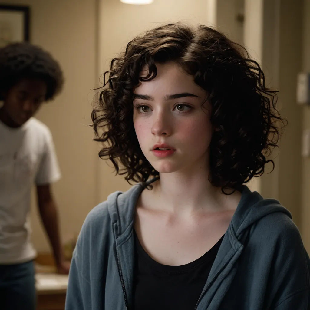 a woman with curly hair standing in a room with a man in the background looking at her with a serious look on her face, visual art, a character portrait, Elisabeth Collins, movie still