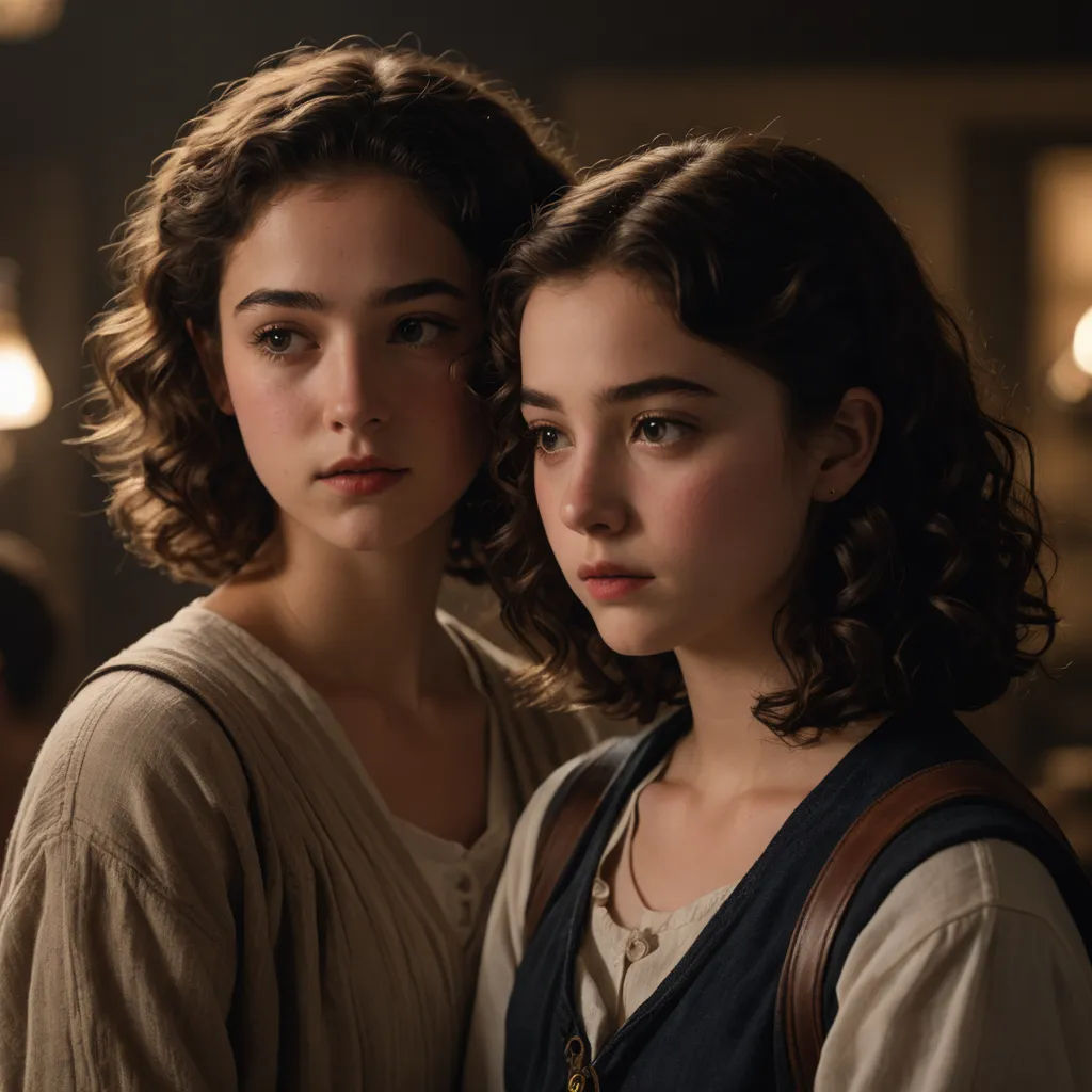 two women standing next to each other in a room with lights on the ceiling and one woman with shoulder bags on her shoulder, renaissance, a portrait, Anne Said, movie still