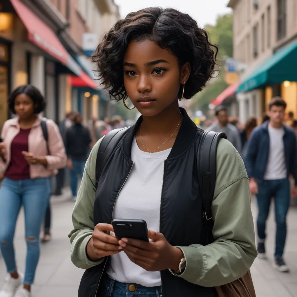 a woman standing on a street looking at her cell phone while holding a purse and looking at her phone, black arts movement, a stock photo, Chinwe Chukwuogo-Roy, promotional image