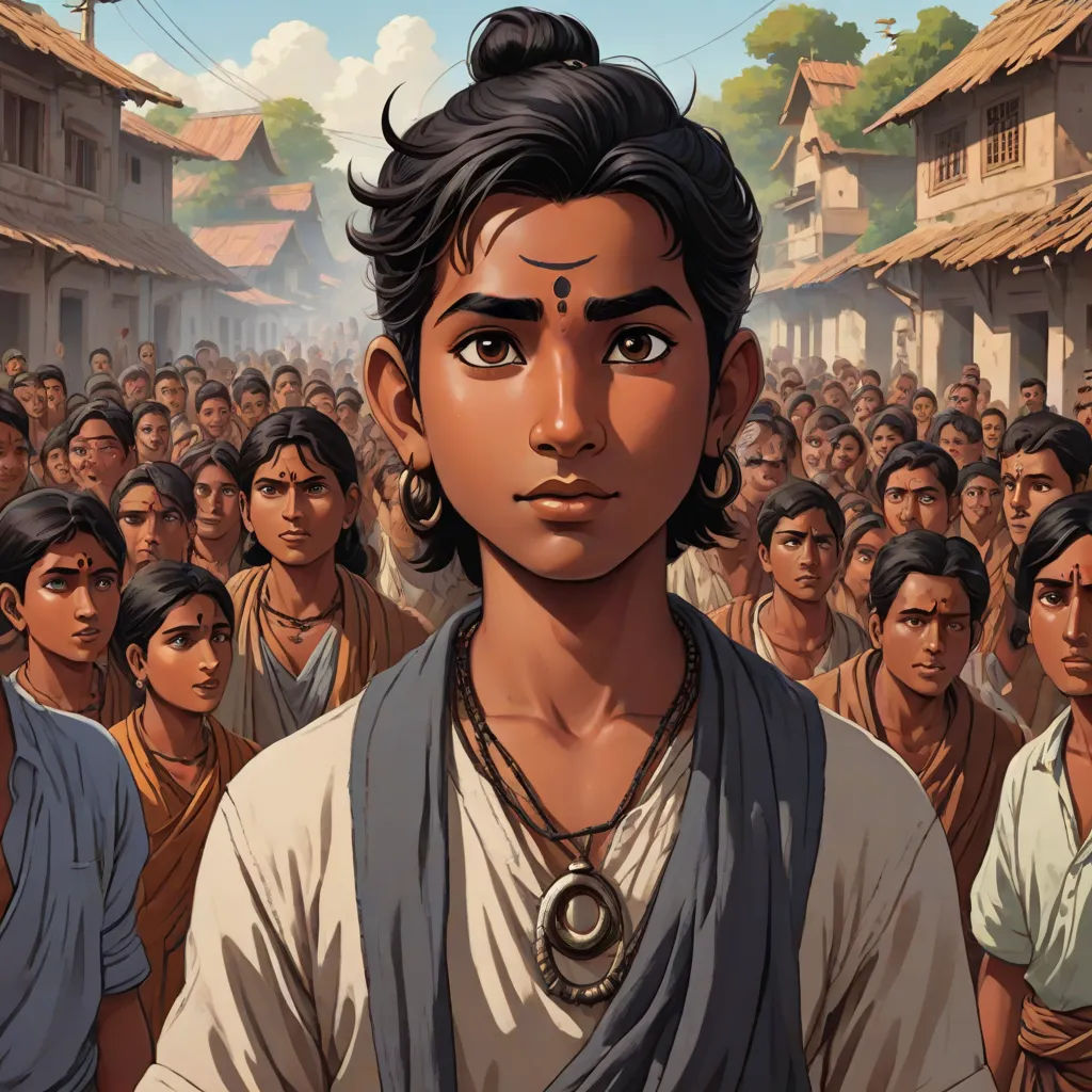 a man standing in front of a crowd of people in a village with a sky background and a building, samikshavad, a character portrait, Anthony Devas, graphic novel