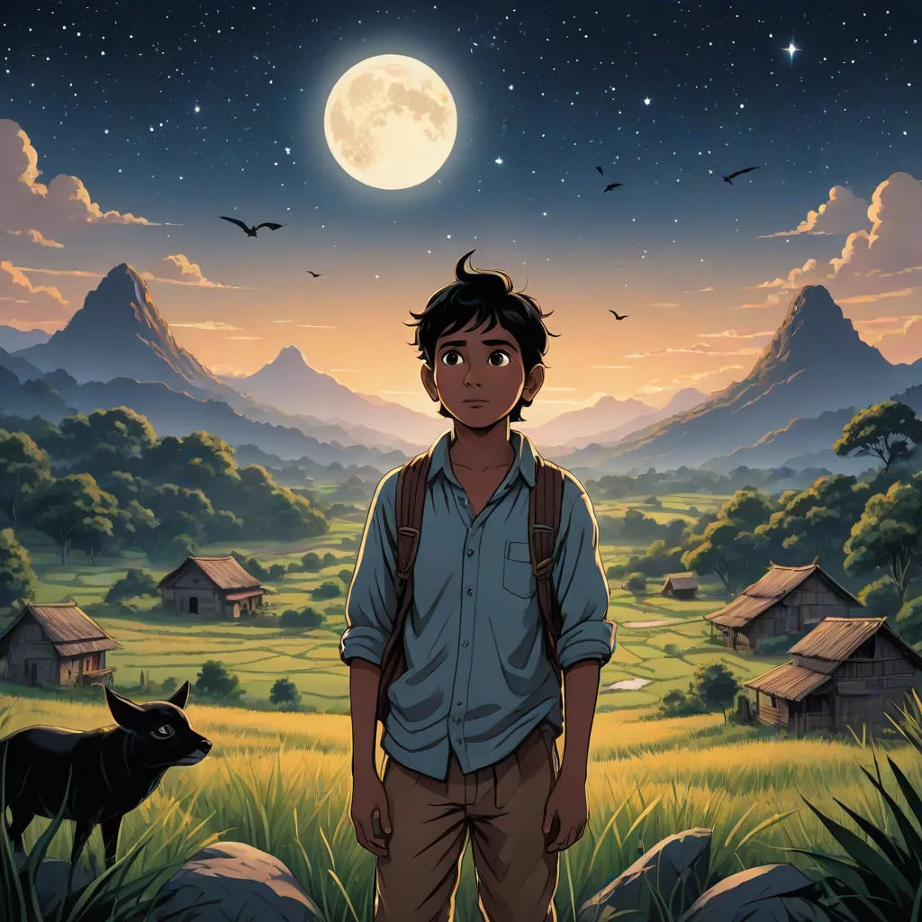 a boy standing in a field with a cow in the background and a full moon in the sky above him, fantasy art, poster art, Diego Gisbert Llorens, official art