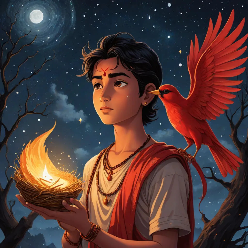 a boy holding a bird and a basket of fire in his hand with a sky background and stars in the sky, samikshavad, a detailed painting, Aaron Jasinski, comic cover art