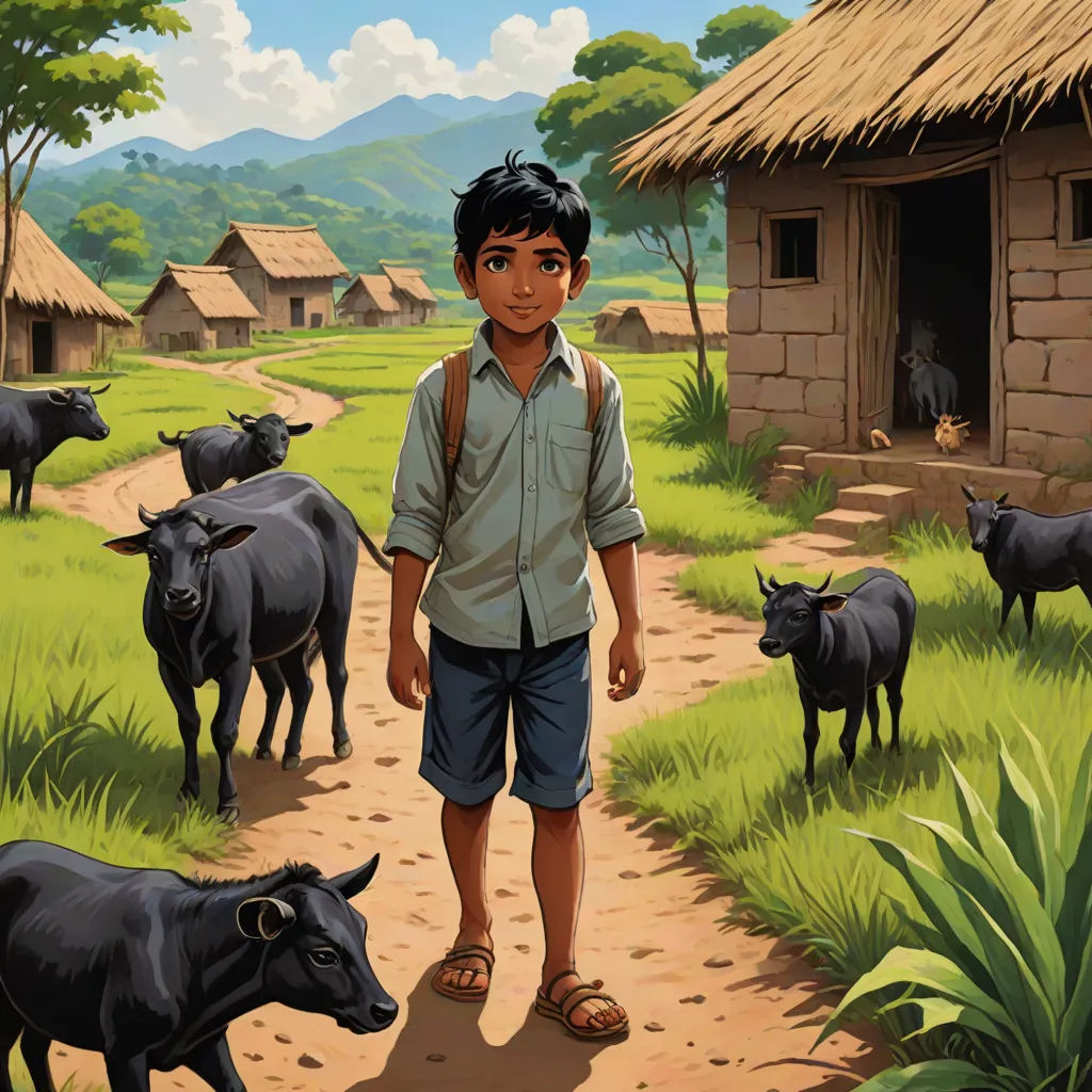a boy standing in front of a herd of cows on a farm road with a hut in the background, samikshavad, a storybook illustration, Bhupen Khakhar, book cover