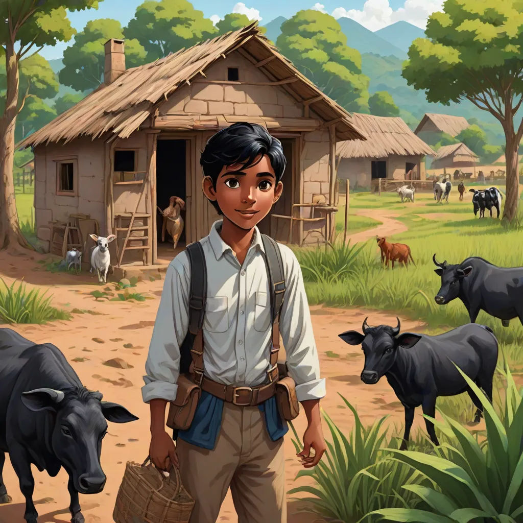 a boy standing in front of a farm with cows and a house in the background with a boy holding a basket, regionalism, a storybook illustration, Fernando Amorsolo, graphic novel