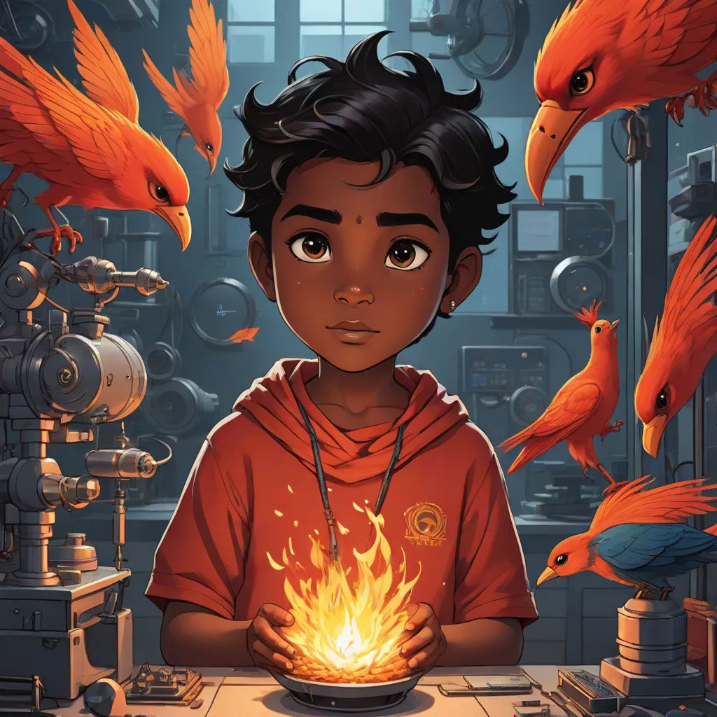 a boy holding a bowl of fire with birds flying around him and a bunch of birds on the wall, afrofuturism, poster art, Aaron Jasinski, comic cover art
