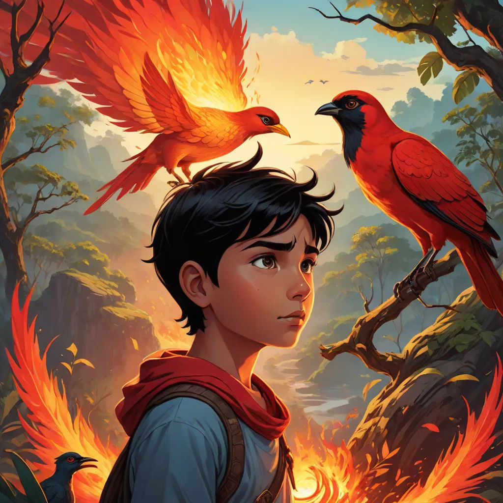 a boy with a red bird on his head and a bird on his head, standing next to a boy with a red bird on his head, fantasy art, poster art, Aaron Jasinski, comic cover art