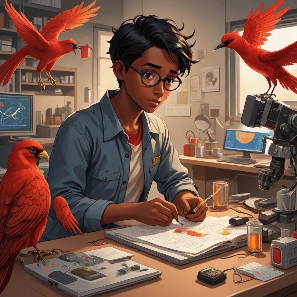a man sitting at a desk with two birds on his head and a camera on his shoulder, and a book in front of him, sots art, a character portrait, Chris LaBrooy, official art