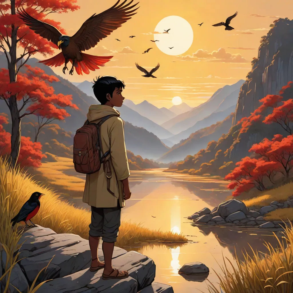 a boy with a backpack looking at a bird flying over a lake and mountains at sunset with a bird flying over him, fantasy art, poster art, Chris LaBrooy, comic cover art