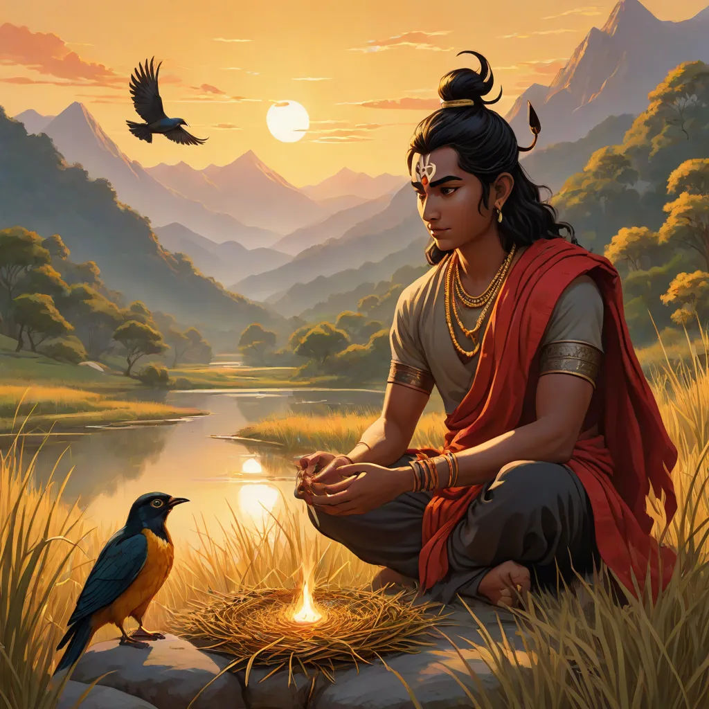 a painting of a man sitting in a field with a bird on his lap and a bird on his knee, samikshavad, a storybook illustration, Bholekar Srihari, jayison devadas