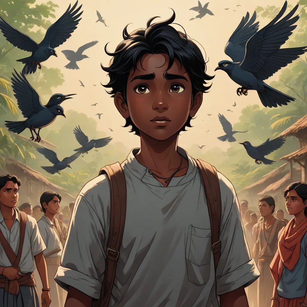 a boy with a backpack standing in front of a group of birds flying overhead him and looking at the camera, samikshavad, a character portrait, Anthony Devas, comic cover art