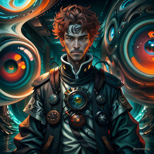 a man with red hair and a black jacket standing in front of a colorful background with circles and circles
