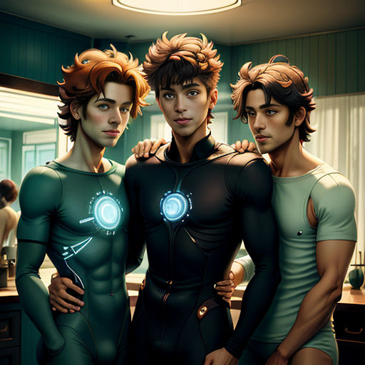 three people standing next to each other in a bathroom with a mirror on the wall and a light on