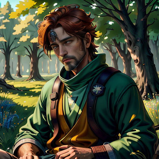 a man sitting in a forest with a laptop computer in his hand and a dog in his lap,