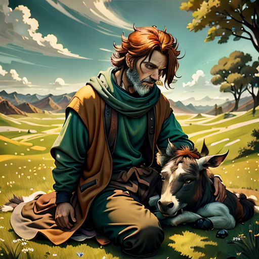 a painting of a man sitting on the ground with a goat in front of him and a mountain in the background