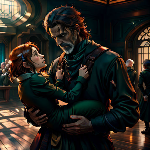 a man and a woman are standing in a room together, one is holding the other's head